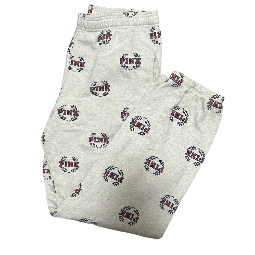 PINK Victoria's Secret Light Gray Joggers with Red & Blue Logo